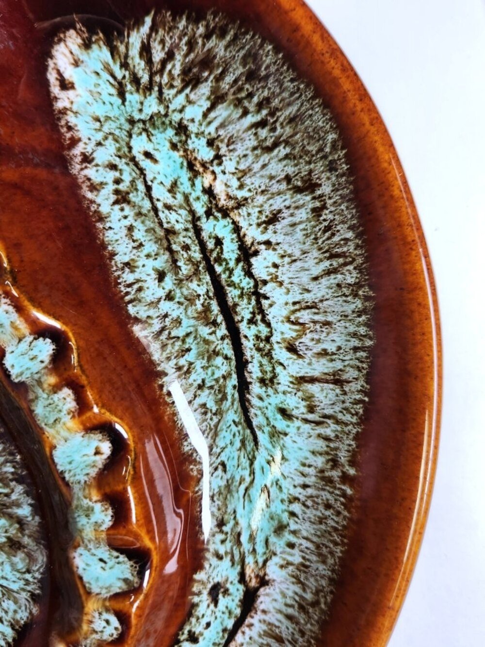 Vintage Mid Century Ceramic Ashtray Brown Turquoise Drip Glaze Pottery and Stand - Picture 8 of 9